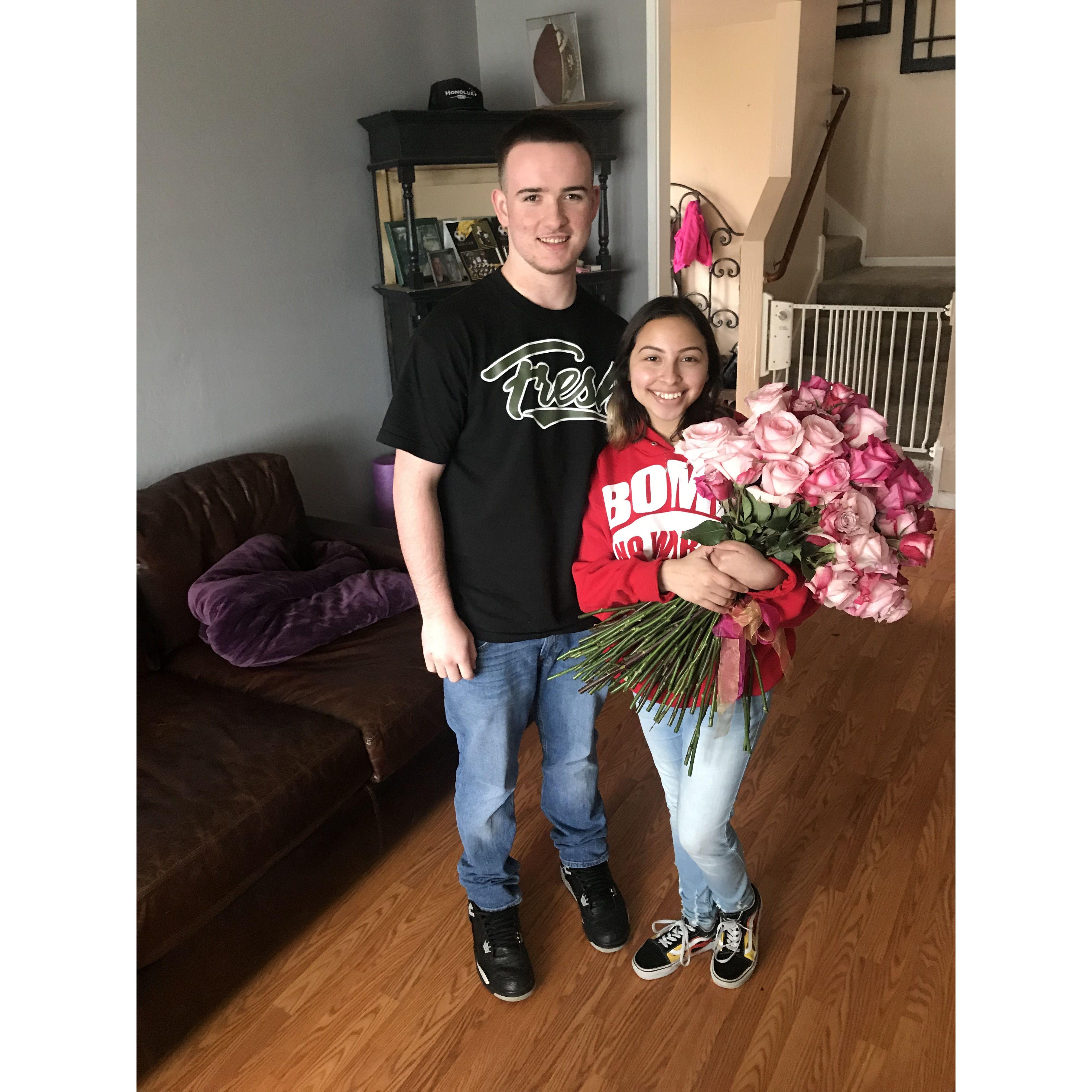 First Valentines Day together. 96 rose bouquet