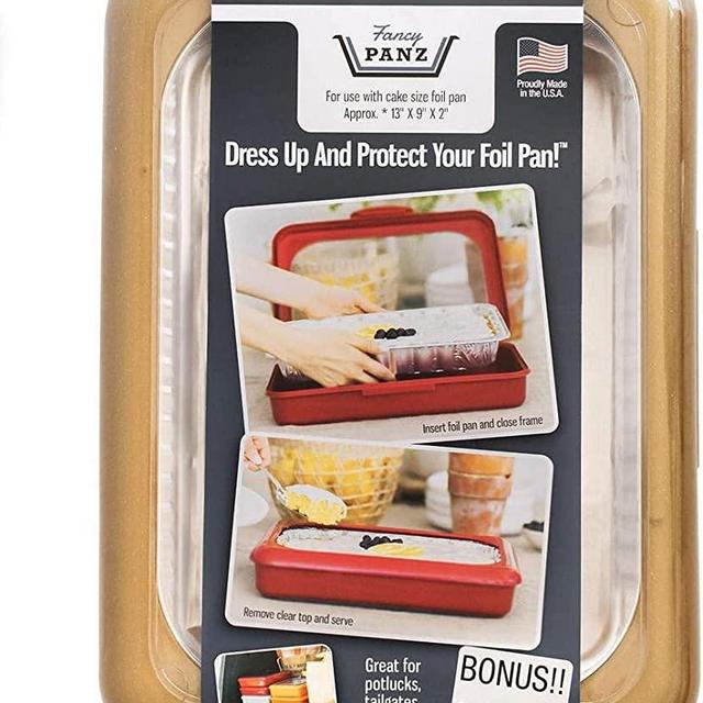 Fancy Panz 9x13- Inch Foil Cake Pan Dress Up & Protect Your Foil Pan Made in USA, Foil Pan & Serving Spoon Included. Hot or Cold Food. Stackable for easy travel. BPA free (Gold Swirl Cake Pan), FPC07G