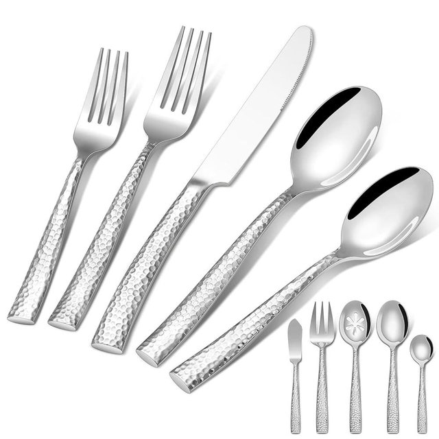 65-Piece Silverware Set with Serving Utensils, Ollex Durable Stainless Steel Hammered Flatware Set for 12 with Knives Forks Spoons Large Serving utensil Set for Home Restaurant, Dishwasher Safe