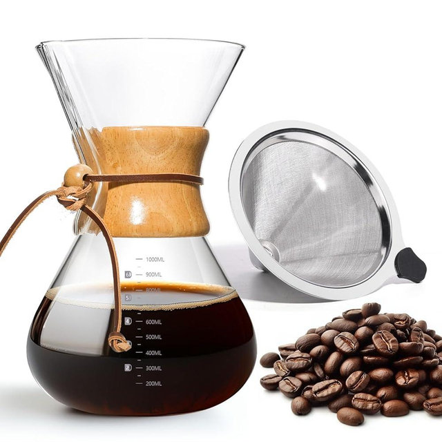 Yopinmall Pour Over Coffee Maker 34 OZ, 10 Cup Borosilicate Glass Drip Coffee Maker with Reusable Stainless Steel Filter and Cork Grip for Home Café 1000 ML