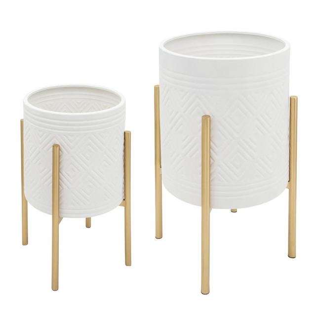 Set of 2 Aztec Planter on Metal Stand White/Gold - Sagebrook Home