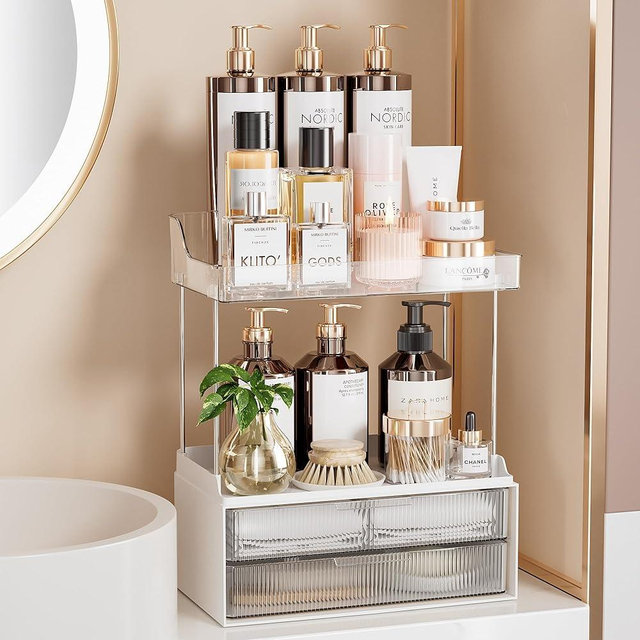 Delamu 2-Tier 2-Drawer Bathroom Organizer Countertop, Multi-Purpose Makeup Organizer Countertop, Large Skincare Organizers, Exquisite Vanity Organizer, Clear