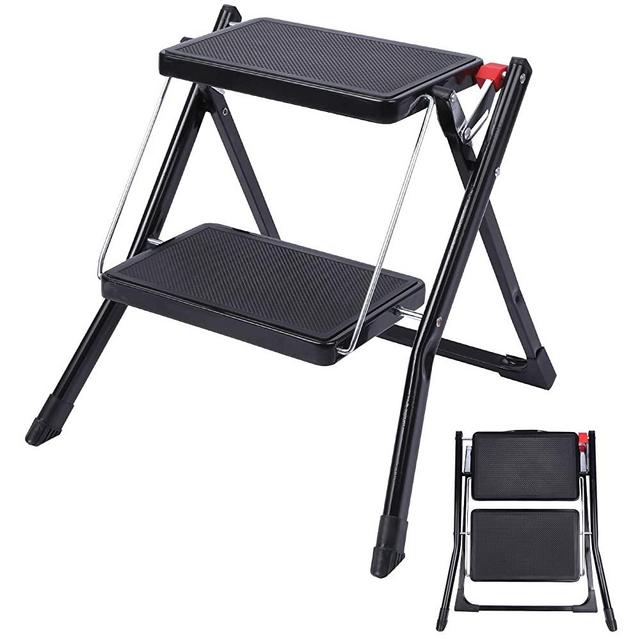 Varbucamp Step Stool 2 Step Ladder for Adults, Portable Folding Small Step Ladder with Wide Pedal for Kitchen and Home, Black 250lbs