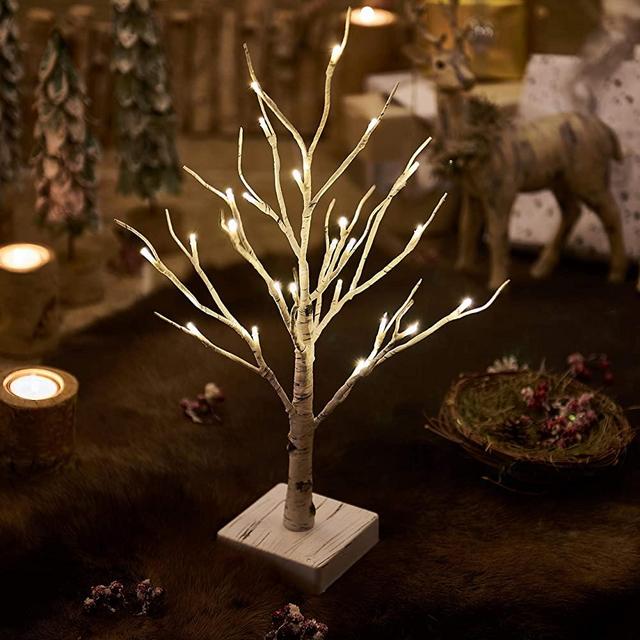 Hairui Lighted Little Birch Tree with Timer 24LED 18IN Battery Operated Pre-lit Twig Tree Gift for Christmas Decoration Tabletop Centerpiece