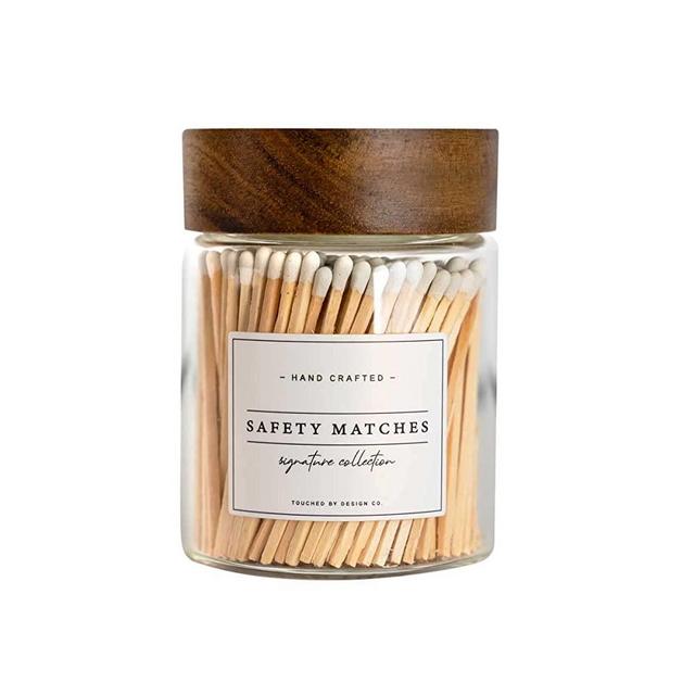 Touched By Design Co Signature Decorative Match Holder w Approx 150 White 3" Matches in a Jar | Glass Match Bottle for Lighting Candles or Fireplace | Bulk Matchsticks in Cloche w Striker