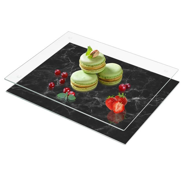 VASUHOME Tempered Glass Cutting Board Set of 2-16x12 inch Marble Pattern Cutting Board for Kitchen Counter - Scratch, Heat, Shatter Resistant and Easy to Clean- Black and Clear