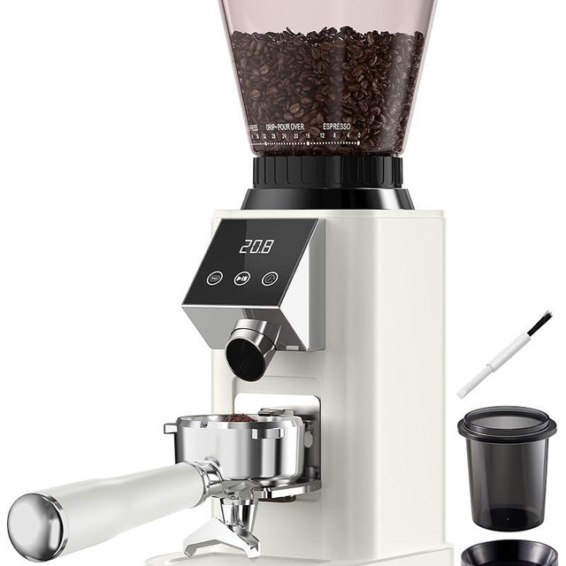 Tuni G1 Conical Burr Coffee Grinder, 48 Grind Settings Anti-static Burr Mill, Precision Electronic Timer and LED Touchscreen for Espresso/Drip/Cold Brew/French Press, Stainless Steel, Ivory