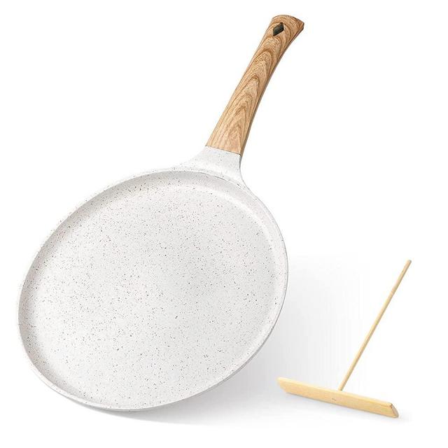 Zalnuuk Crepe Pan, 11 Inch Dosa Pan with Spreader, Nonstick Dosa Tawa for All Stove, Tortilla Pan with Detachable Handle, Cream White