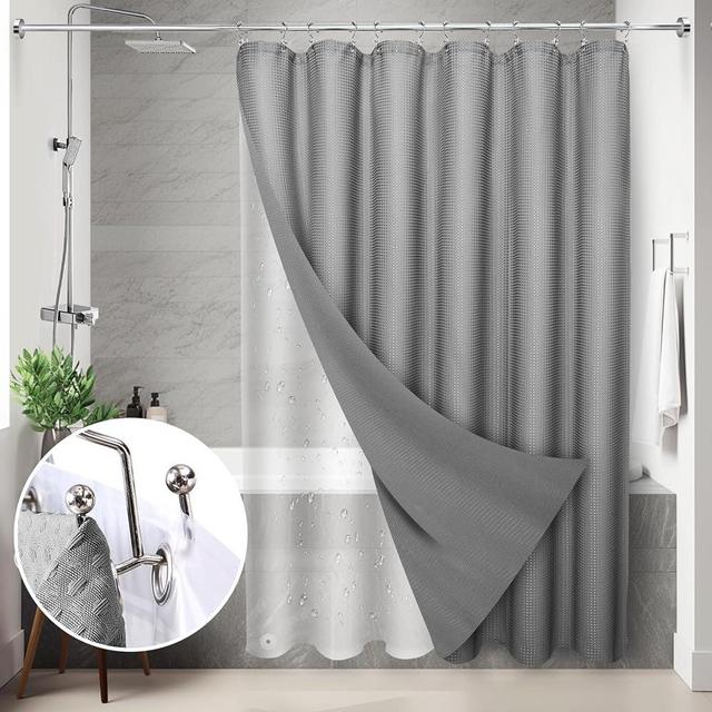 LaCyan 3 in 1 Waterproof Waffle Weave Shower Curtain and Clear Liner Set with 12 Stainless Steel Hooks Double Sided for Bathroom 72 Inches Heavy Duty Polyester Fabric Shower Curtains 72x72 (Grey)