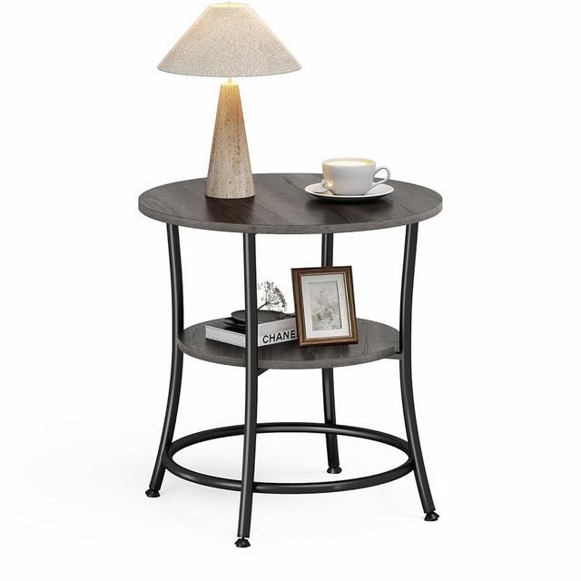 OLIXIS 2-Tier Side Round Table for Living Room, Accent End Table with Storage Shelf,Sturdy Metal Frame Nightstand for Small Space, Round Bedside, Grey Wood Grain