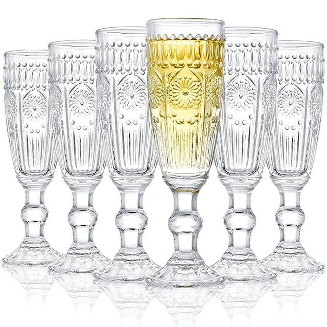 Kingrol 6 Pack 5 Ounces Glass Champagne Flutes, Vintage Sparkling Wine Glasses for Champagne, Cava, Prosecco