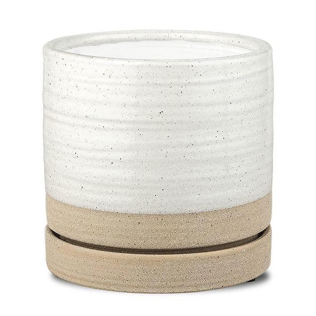 HERDUK 6 Inch Plant Pots, Ceramic Planter Pot with Drainage Hole & Saucer, Indoor / Outdoor Cylinder Round Planter Pot, White & Grey Glaze