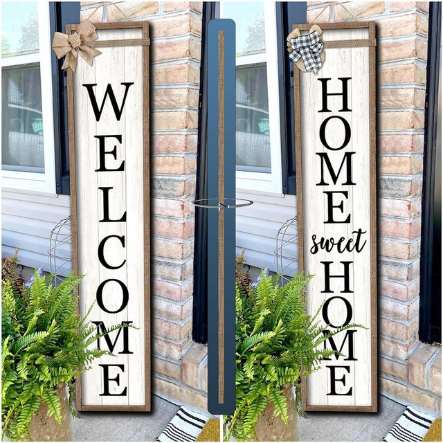 Outdoor Welcome Sign for Front Porch Standing Large 2 Sided 45"X9" Wooden Frame Tall Vertical Leaner Long Home Sweet Home Front Door Sign for Rustic Outside Farmhouse Modern Decor (Wood White)