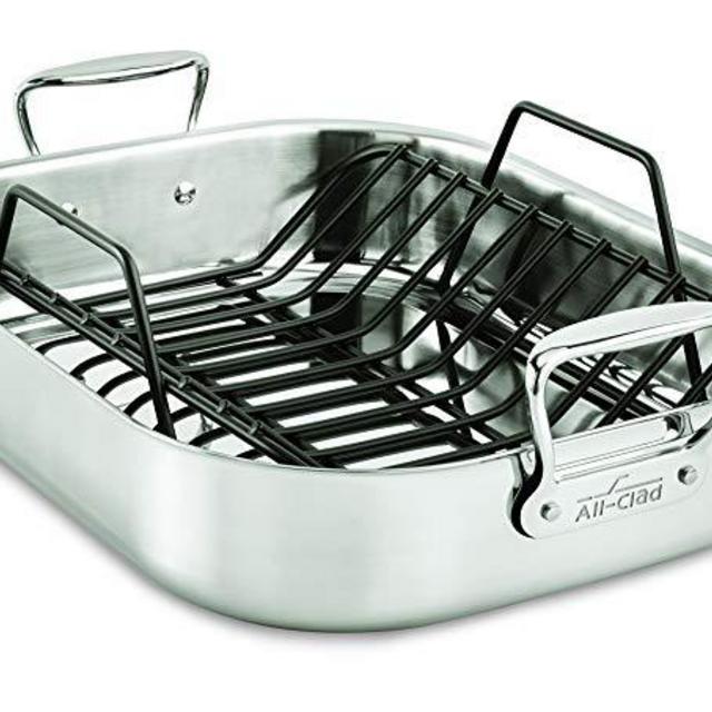 All-Clad E752C264 Stainless Steel Dishwasher Safe Large 13-Inch x 16-Inch Roaster with Nonstick Rack Cookware, 16-Inch, Silver