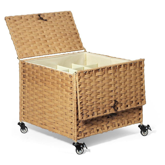 BROWNLILY Rolling Shoe Organizer with Double-Door Lid, Faux Rattan Woven Entryway Storage Basket with Metal Frame & Silicone Pads, Removable Liner & 16-Grid Adjustable Dividers, Natural