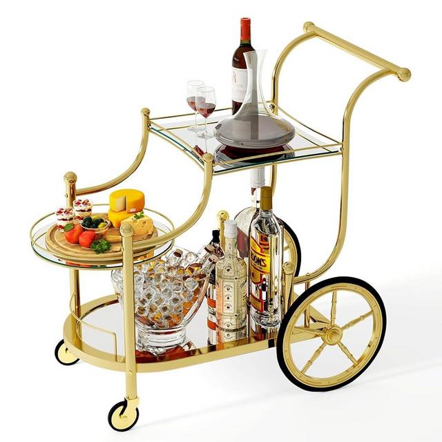 Tangkula Bar Cart, 3-Tier Rolling Home Bar Serving Cart with Mirrored Shelves & 4 Wheels, Mobile Beverage & Wine Cart for Kitchen, Dining Room, Living Room (Gold)