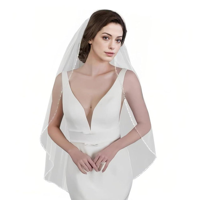 GAODESI Wedding Veil Pearls and Crystals Beaded Edge 1 Tier Fingertip Length Bridal Veil