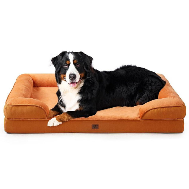 EHEYCIGA Orthopedic Dog Beds for Extra Large Dogs, Waterproof Memory Foam XXL Dog Bed with Sides, Non-Slip Bottom and Egg-Crate Foam Big Pet Couch Bed with Washable Removable Cover,Pumpkin Orange