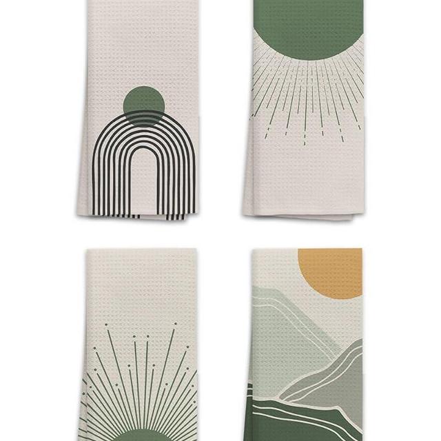 OHSUL Abstract Boho Green Sun Sunrise Sunset Sunshine Rainbow Mountain Highly Absorbent Kitchen Towels Dish Towels Dishcloth Set of 4,Boho Mid Century Hand Tea Towels for Bathroom Kitchen Decor