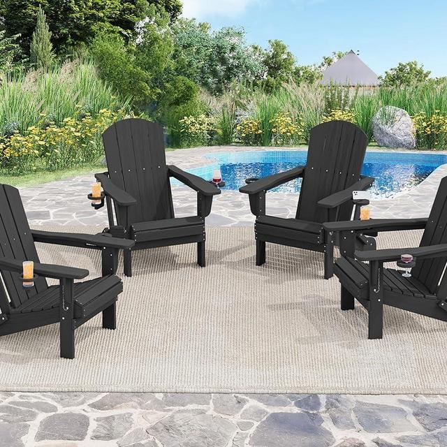 SERWALL HDPE Folding Adirondack Chair with Dual Cup Holder - Composite Adirondack Chair Set of 4- Black