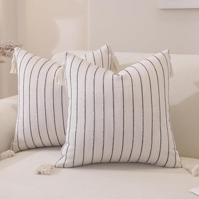 QDTTSRY Decorative Boho Throw Pillow Covers 18x18 Inch Set of 2, Navy Blue Striped Square Neutral Pillow Covers with Tassels, Soft & Cozy Farmhouse Couch Pillow Cases for Sofa Couch Bed Living Room