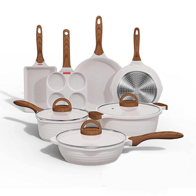 JEETEE Pots and Pans Set Nonstick White Granite Induction Cookware Sets 13 Pieces w/Frying Pan, Saucepan, Sauté Pan, Tamagoyaki Pan, Egg Pan, Cooking Pots, PFOA Free (13pcs, White Granite)