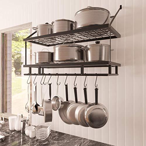 KES 30-Inch Kitchen Pan Pot Rack Wall Mounted Hanging Storage Organizer 2-Tire Wall Shelf with 12 Hooks Matte Black, KUR215S75B-BK