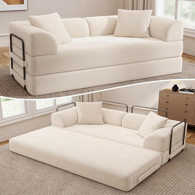 Cloud Boneless Convertible Floor Sofa Bed, 70" 5-in-1 Foldable Compressed Loveseat Lounge Sleeper 2 Seater Couches, High-Density Sponge & Corduroy Fabric Futon Daybed for Living Room Bedroom(Beige)