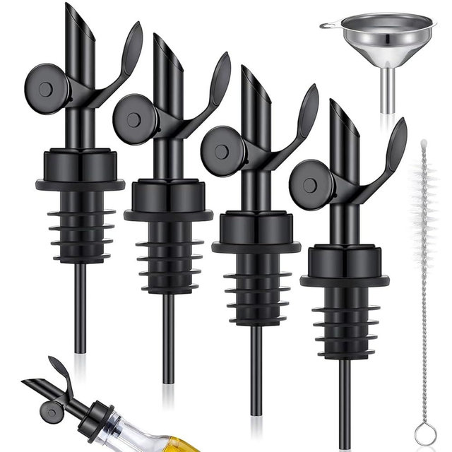 Tioncy 4 Pieces Weighted Stainless Steel Pourers Olive Oil Spout Olive Oil Dispenser Spout Automatic Opening and Closing with Funnel and Brush for Pouring Wine Syrup Kitchen(Black)