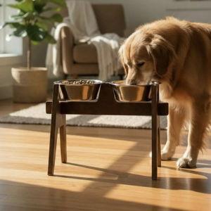 Elevated Dog Bowl Stand for Large Dogs – Beech Wood Raised Feeder with 2 Stainless Bowls, Height 23–44 cm (9–17.3")! - Teak, LARGE - 13.5in/34cm NOT Personalized
