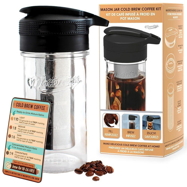 Masontops Cold Brew Makers Kit - Deluxe Iced Coffee Maker with Glass Pitcher & Stainless Steel Mesh Filter - Easy Pour Fridge Cold Brewer System