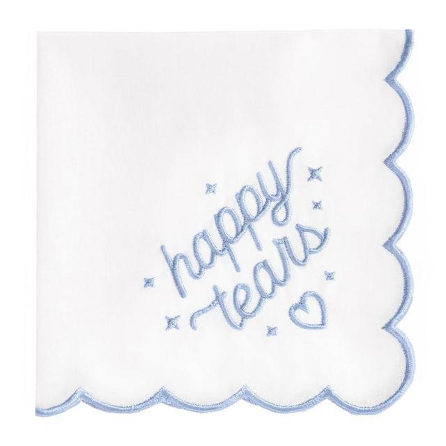 xo, Fetti White Happy Tears Embroidered Handkerchief | 10"x10" | Wedding Party Accessory, Bridesmaid Gift, Bridal Tissue, Napkin, Embroidered Something Blue Kleenex