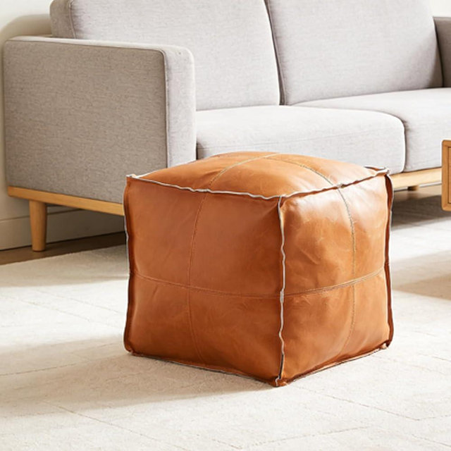 SCUQI Pouf Ottoman, Unstuffed Pouf Cover, Handmade Faux PU Leather Moroccan, Orange Brown 17.7" Square, Foot Rest for Living Room, Floor Chair Gifts for Men Women, (Only Cover)