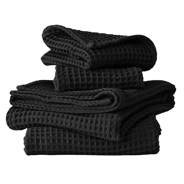 Viva Maison 4-Piece Waffle Towels Set for Bathroom - Soft 100% Turkish Cotton Quick-Dry Lint-Free Waffle Weave Thin Bath and Hand Towels (Black, 2 Bath & 2 Hand Towel Set)