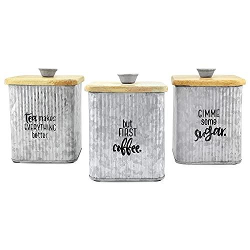 AuldHome Farmhouse Galvanized Canisters (Set of 3); Storage Containers for Coffee, Tea and Sugar in Galvanized Iron and Wood Design