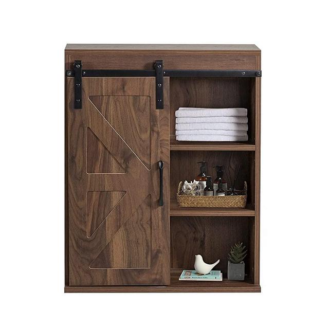 Rustory Rustic Wooden Wall Mounted Storage Cabinet with Sliding Barn Door, Decorative Farmhouse Vintage Cabinet for Kitchen Dining, Bathroom, Living Room (Dark Walnut)