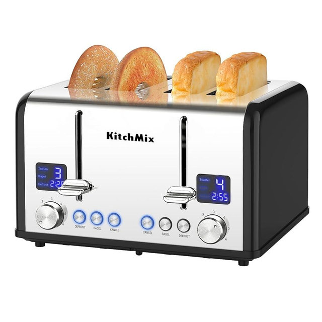 Toaster 4 Slice, KitchMix Bagel Stainless Toaster with LCD Timer, Extra Wide Slots, Dual Screen, Removal Crumb Tray (Black)