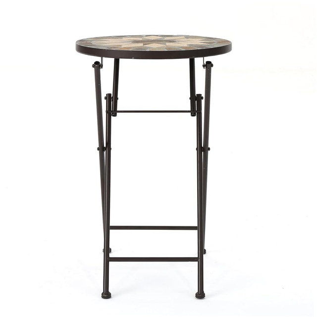 Christopher Knight Home Silvester Outdoor Stone Side Table with Iron Frame, Beige / Black