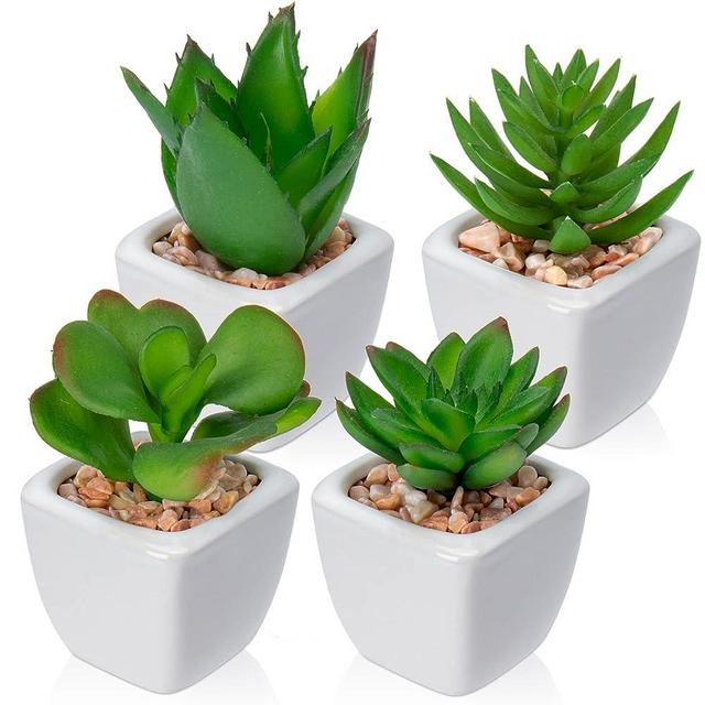 Briful 4PCS Fake Succulents for Farmhouse Tiered Tray Decor Smaller Artificial Potted Plants Faux Plants Indoor Bookshelf Decor House Plants Tabletop Decor in White Ceramic Pot