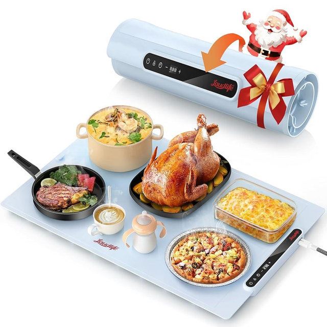 Laudlife Electric Warming Mat for Food, Roll-Up Silicone Heating Pad with 7 Adjustable Tempmaster Levels, Foldable Warming Tray for Countertop,Buffet Party, Kitchen & Home, Child Lock, Light Blue