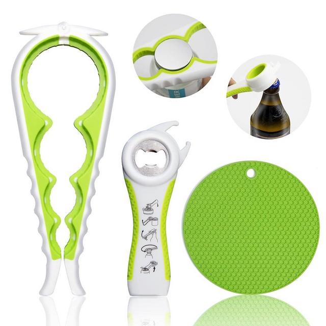 Jar Opener for Weak Hands, Seniors with Arthritis, 5 in 1 Multi Function Bottle Opener Lid Opener For Arthritic Hands with Non Slip Rubber Jar opener Gripper Pad(3-piece set, Green)