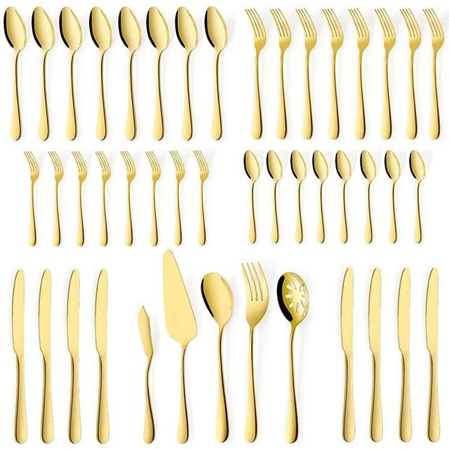 OGORI 45-Piece Gold Silverware Set for 8, Stainless Steel Flatware Set with Serving Set, Cutlery Set, Mirror Polished, Dishwasher Safe