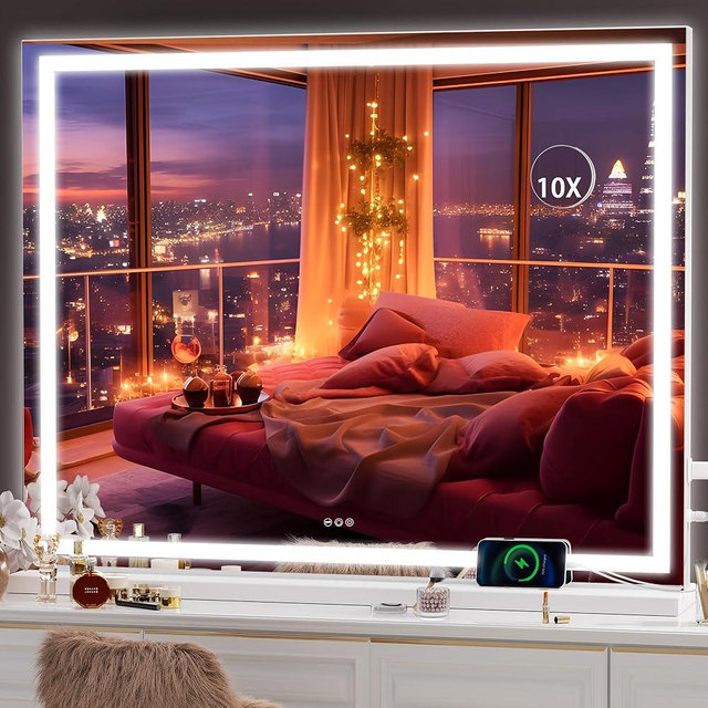 Hasipu Vanity Mirror with Lights, 40" x 30" LED Makeup Mirror, Lighted Makeup Mirror with Dimmable 3 Modes, Touch Screen Control Vanity Mirror Square White
