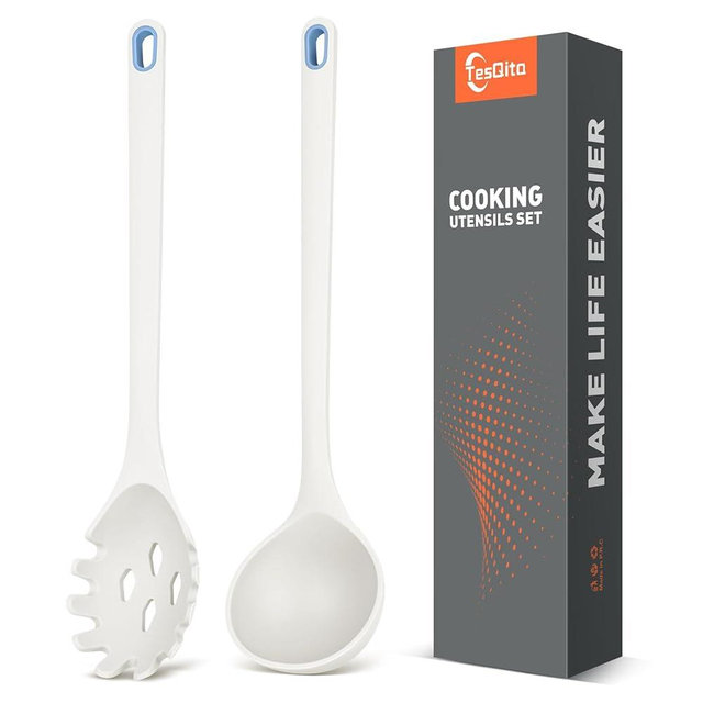 Silicone Spaghetti Spoon&Soup Ladle Cooking Utensils Set of 2,No Scratch for Nonstick Cookware,BPA Free, 450℉Heat Resistant (White)