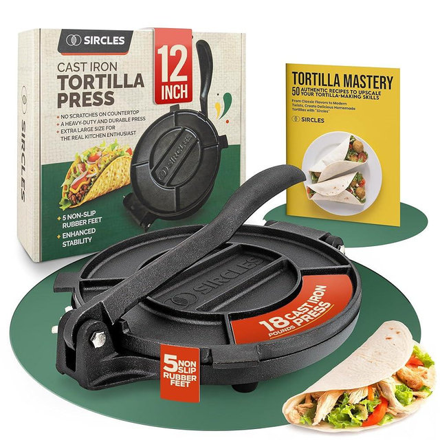 SIRCLES Tortilla Press 12 Inch Cast Iron - Extra Large, Heavy Duty 12 Inch Tortilla Press - Ebook Tortilla recipes - 5 Non-Slip Rubber Feet - Pre-Seasoned - Prensa Para Tortillas De 12 Pulgadas Grande