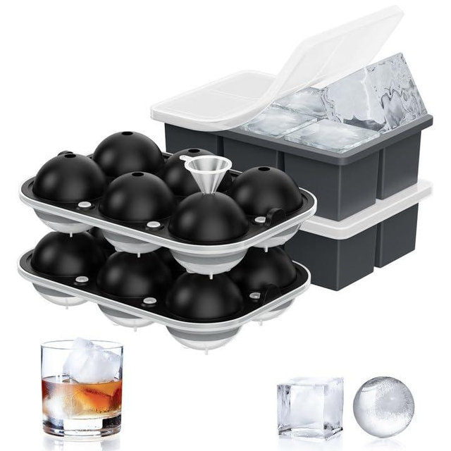 ROTTAY Ice Cube Trays (Set of 4), Sphere Ice Ball Maker with Lid & Large Square Ice Cube Maker for Whiskey, Cocktails and Homemade, Keep Drinks Chilled