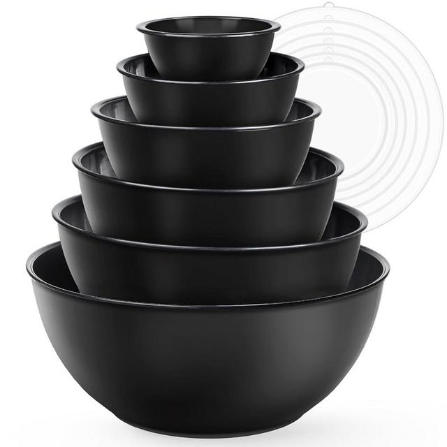 6-Piece Plastic Mixing Bowl Set with Lids for Kitchen, Nesting Storage Bowls for Baking, Prepping,Cooking and Serving Food, Dishwasher, Microwave Safe,Great for Mixing & Serving(6 Set-Black)