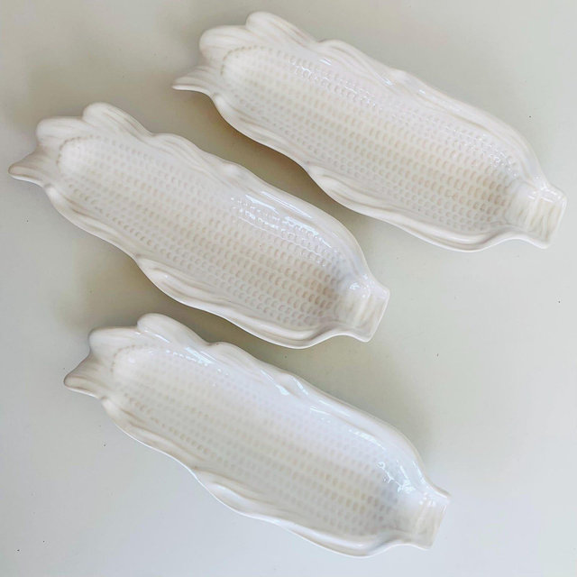 3 STONEWARE CORN on the COB Holders, Vintage Olfaire Pottery Portugal Corn Dishes, Embossed White Stoneware Cob Shaped, Olfaire Corn Cob