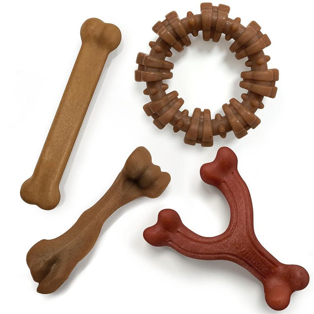 Nylabone Strong Chew Dog Toy 4-Pack Made with Real Bacon, Bison, Venison, Beef, & Chicken, Durable Chew Toys for Aggressive Chewers, Long Lasting Dog Bone, Large Breeds - Up to 50 lbs, 4 Count