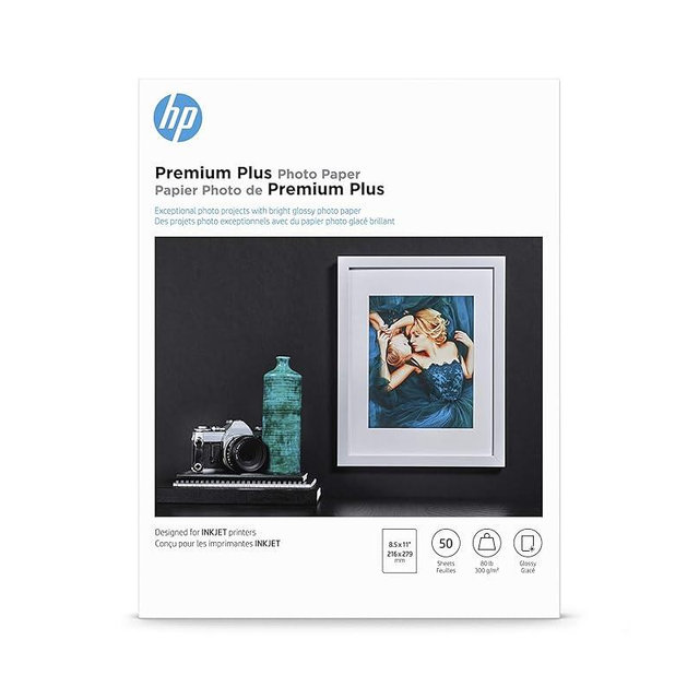 HP Premium Plus Photo Paper, Glossy, 8.5x11 in, 50 sheets (CR664A), White, Pack 1